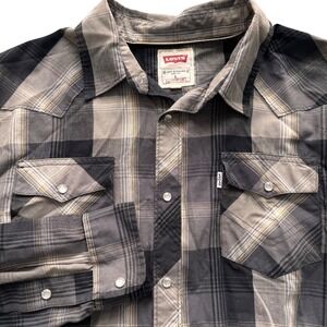 Levi's Pearl Snap Shirt L Western Plaid Button Long Sleeve Gray Ranch Cowboy